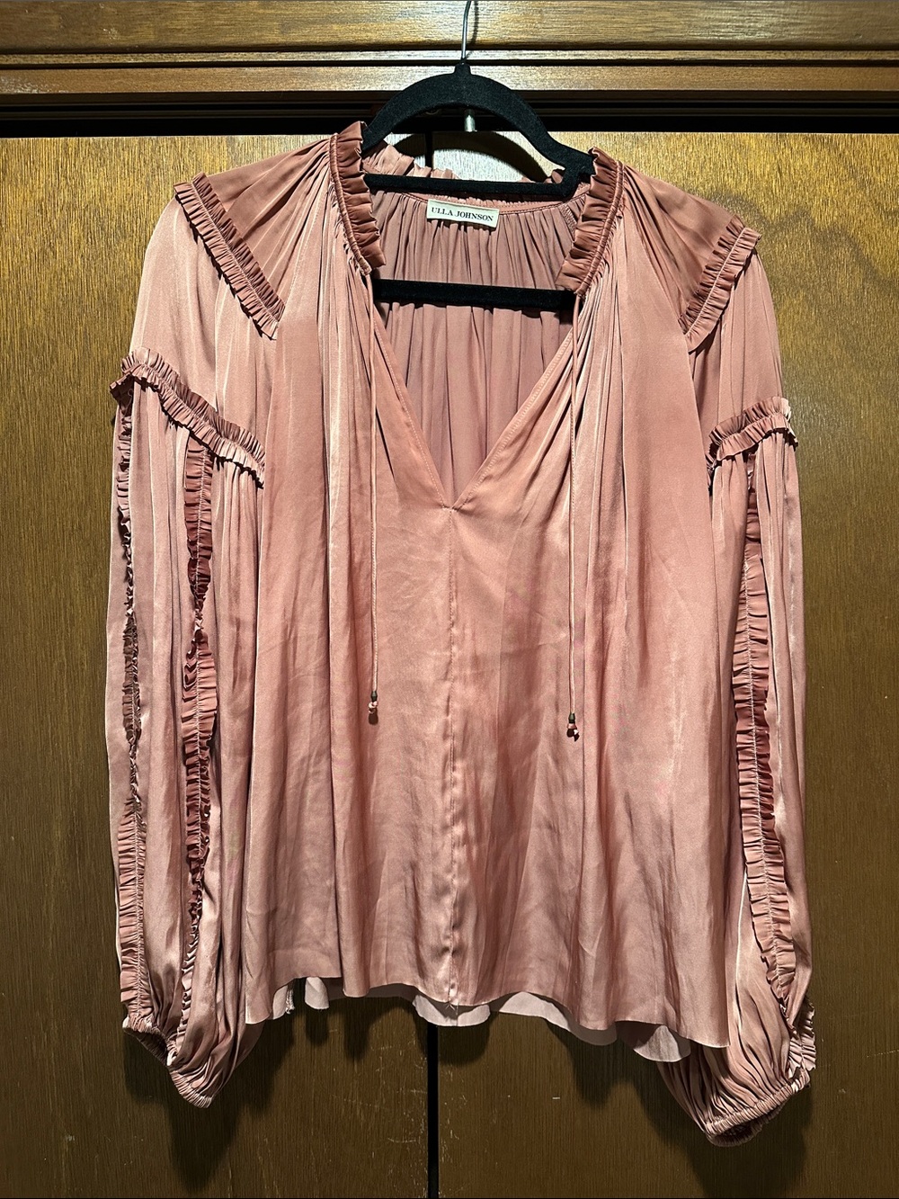 Ulla Johnson Rose-Pink Ruffled V-Neck Long Sleeve Blouse